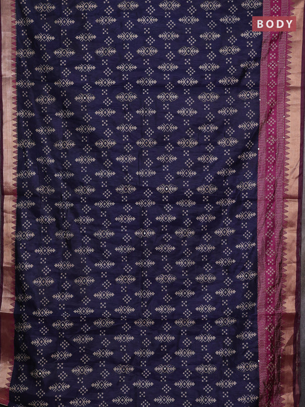 Navy Blue & Magenta Pink Semi Tussar Saree - Kantha Work