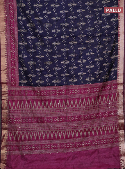 Navy Blue & Magenta Pink Semi Tussar Saree - Kantha Work