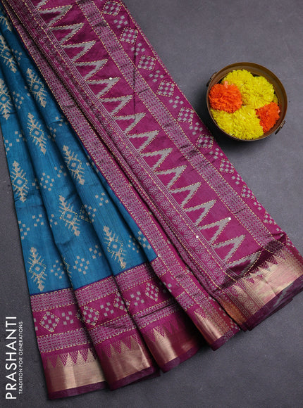 Teal Blue & Magenta Pink Semi Tussar Saree - Kantha Work