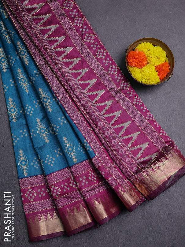 Teal Blue & Magenta Pink Semi Tussar Saree - Kantha Work