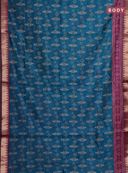 Teal Blue & Magenta Pink Semi Tussar Saree - Kantha Work