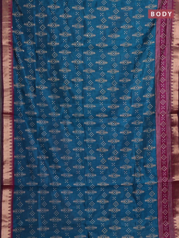 Teal Blue & Magenta Pink Semi Tussar Saree - Kantha Work