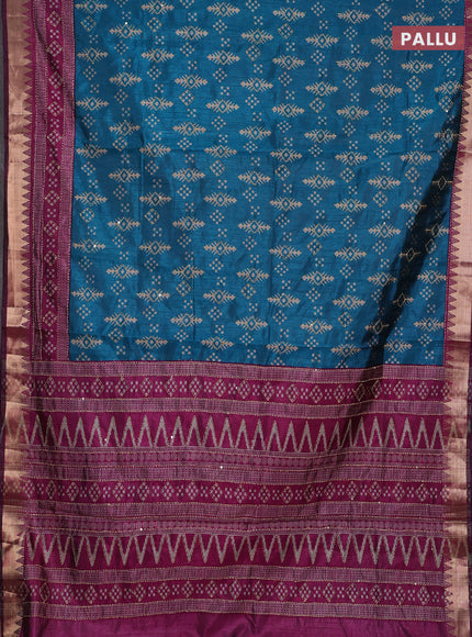 Teal Blue & Magenta Pink Semi Tussar Saree - Kantha Work