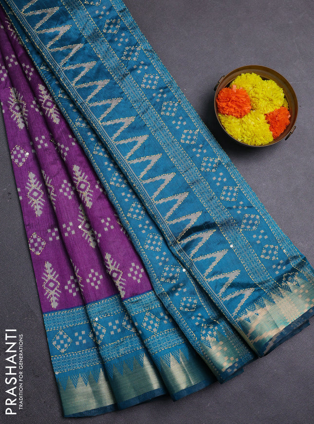 Purple & Teal Blue Semi Tussar Saree - Kantha Work