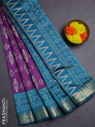 Purple & Teal Blue Semi Tussar Saree - Kantha Work