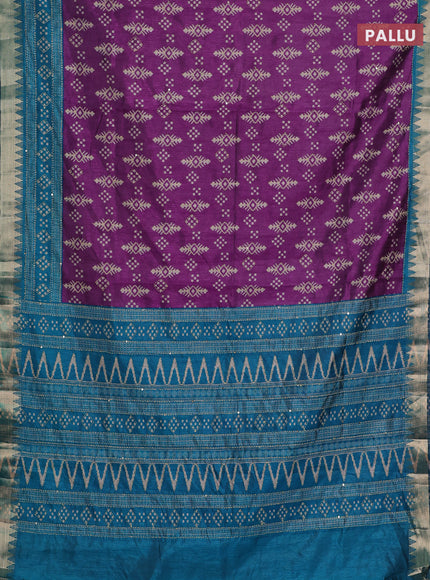 Purple & Teal Blue Semi Tussar Saree - Kantha Work