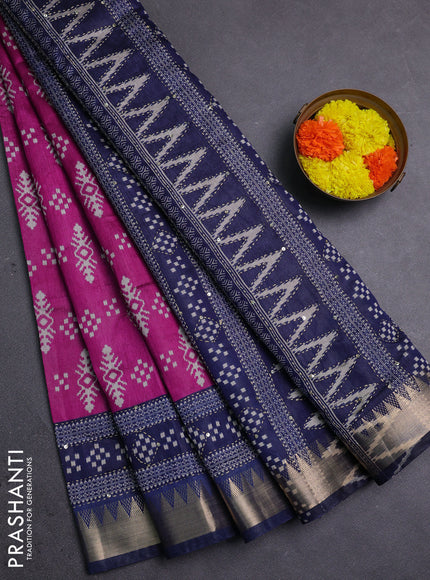 Magenta Pink & Navy Blue Semi Tussar Saree - Kantha Work