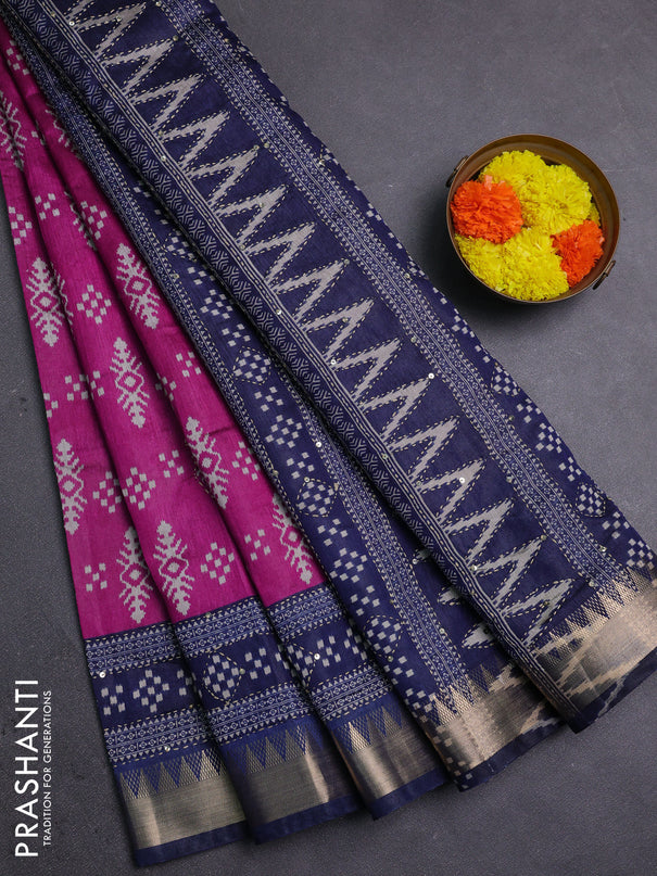 Magenta Pink & Navy Blue Semi Tussar Saree - Kantha Work