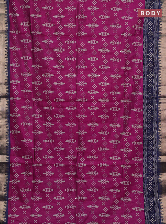 Magenta Pink & Navy Blue Semi Tussar Saree - Kantha Work