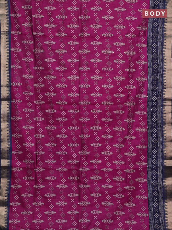 Magenta Pink & Navy Blue Semi Tussar Saree - Kantha Work
