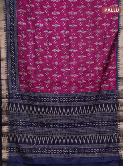 Magenta Pink & Navy Blue Semi Tussar Saree - Kantha Work