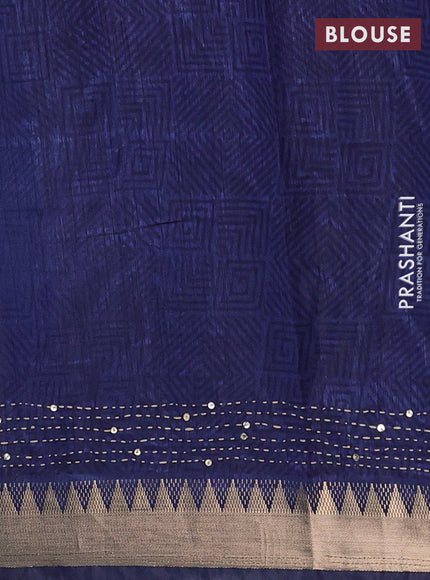 Magenta Pink & Navy Blue Semi Tussar Saree - Kantha Work