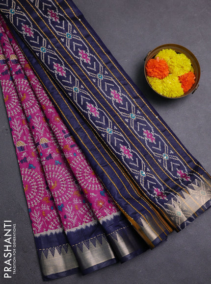 Magenta Pink & Navy Blue Semi Tussar Saree - Kantha Work