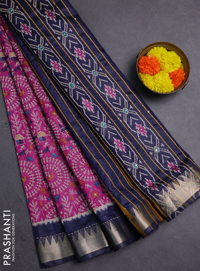 Magenta Pink & Navy Blue Semi Tussar Saree - Kantha Work