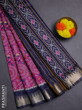 Magenta Pink & Navy Blue Semi Tussar Saree - Kantha Work