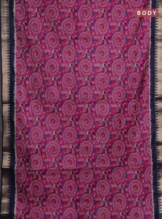 Magenta Pink & Navy Blue Semi Tussar Saree - Kantha Work