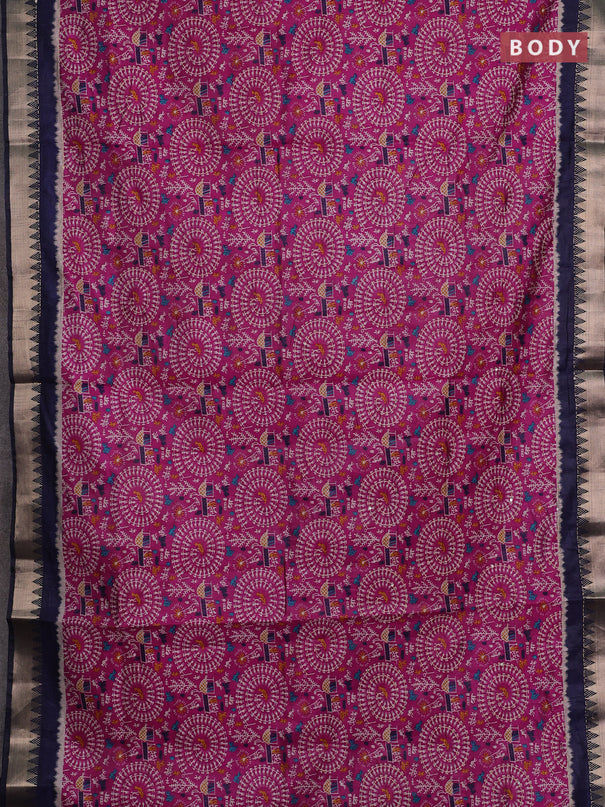 Magenta Pink & Navy Blue Semi Tussar Saree - Kantha Work