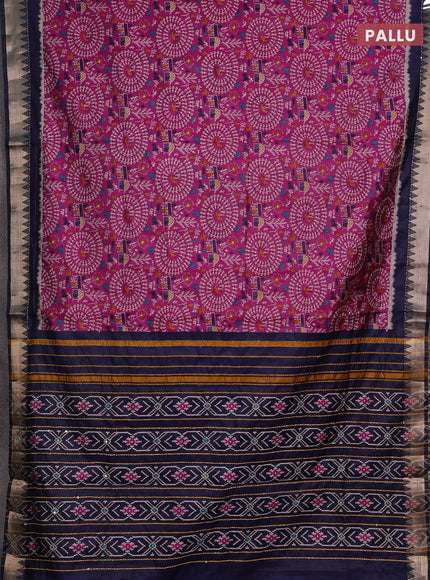 Magenta Pink & Navy Blue Semi Tussar Saree - Kantha Work