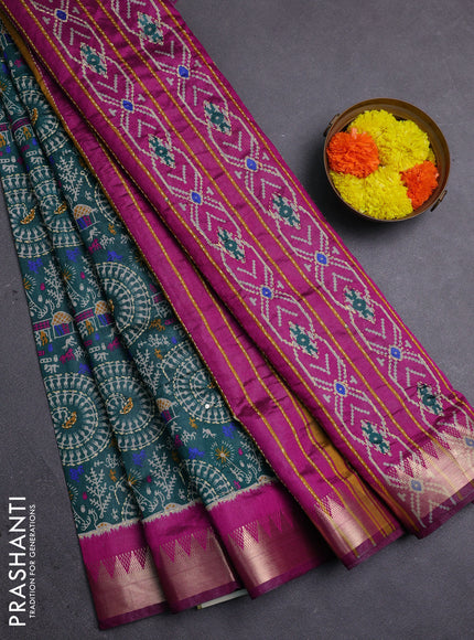 Green & Magenta Pink Semi Tussar Saree - Kantha Work