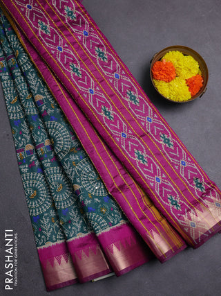 Green & Magenta Pink Semi Tussar Saree - Kantha Work