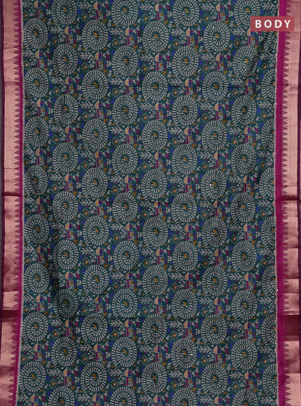 Green & Magenta Pink Semi Tussar Saree - Kantha Work