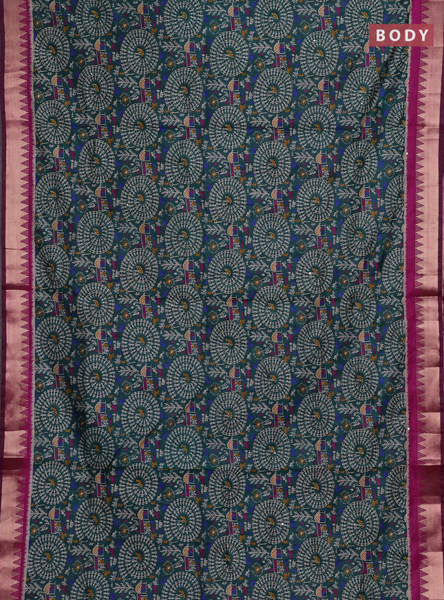 Green & Magenta Pink Semi Tussar Saree - Kantha Work