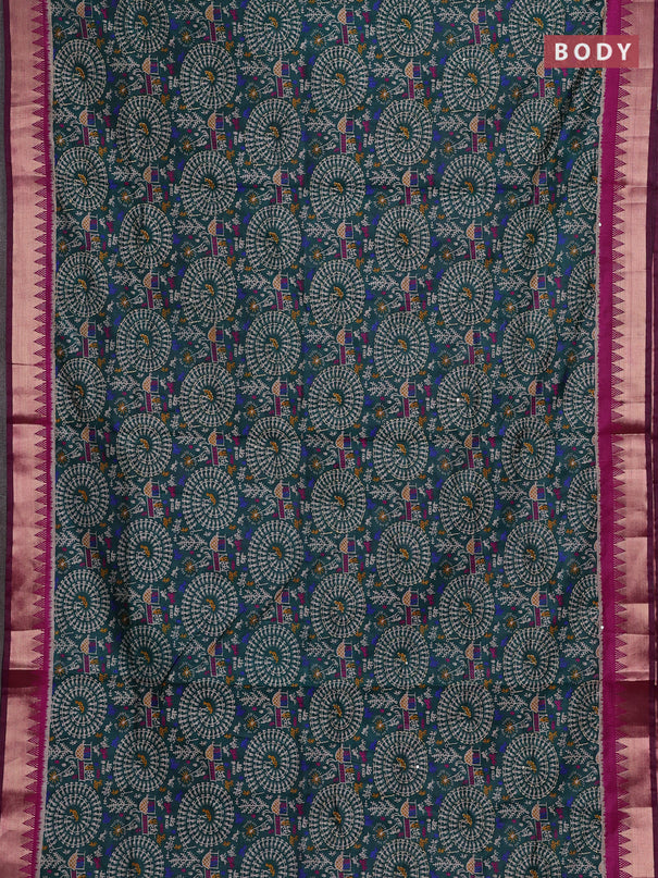 Green & Magenta Pink Semi Tussar Saree - Kantha Work