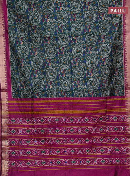 Green & Magenta Pink Semi Tussar Saree - Kantha Work