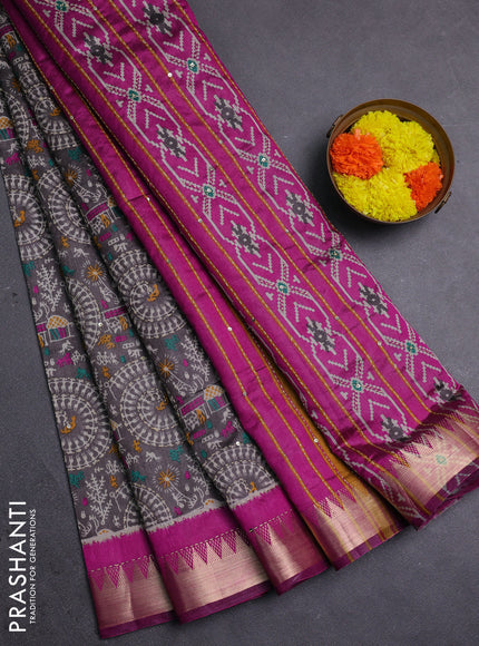 Grey & Magenta Pink Semi Tussar Saree - Kantha Work