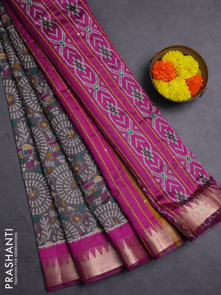 Grey & Magenta Pink Semi Tussar Saree - Kantha Work