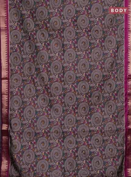 Grey & Magenta Pink Semi Tussar Saree - Kantha Work