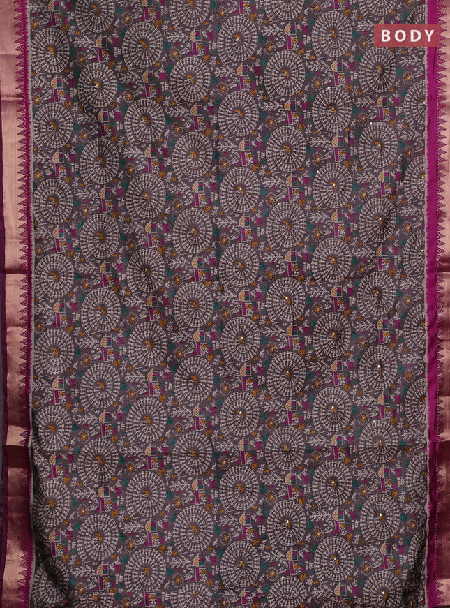 Grey & Magenta Pink Semi Tussar Saree - Kantha Work