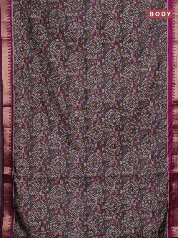 Grey & Magenta Pink Semi Tussar Saree - Kantha Work