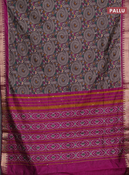Grey & Magenta Pink Semi Tussar Saree - Kantha Work