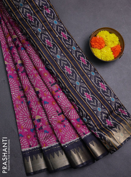 Magenta Pink & Navy Blue Semi Tussar Saree - Kantha Work