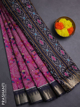 Magenta Pink & Navy Blue Semi Tussar Saree - Kantha Work