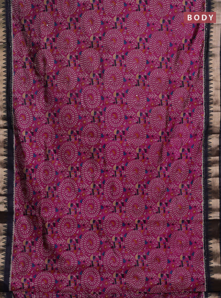 Magenta Pink & Navy Blue Semi Tussar Saree - Kantha Work