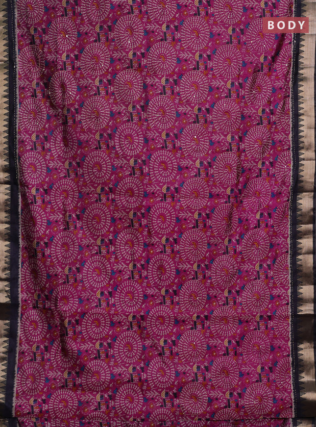 Magenta Pink & Navy Blue Semi Tussar Saree - Kantha Work