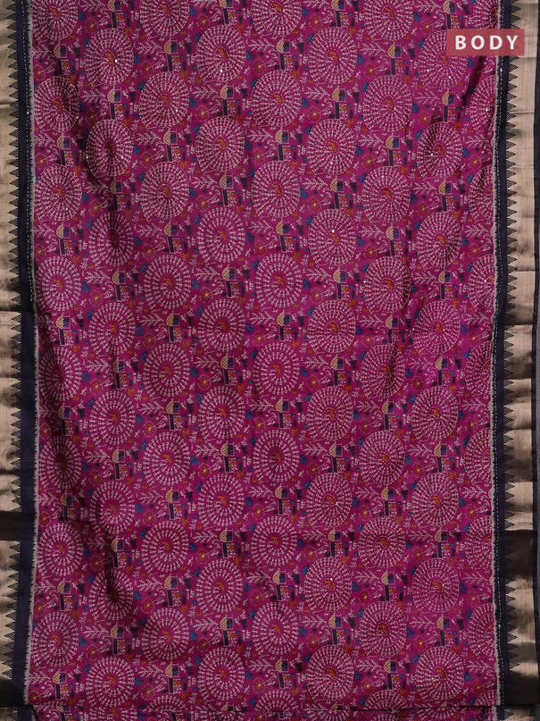 Magenta Pink & Navy Blue Semi Tussar Saree - Kantha Work