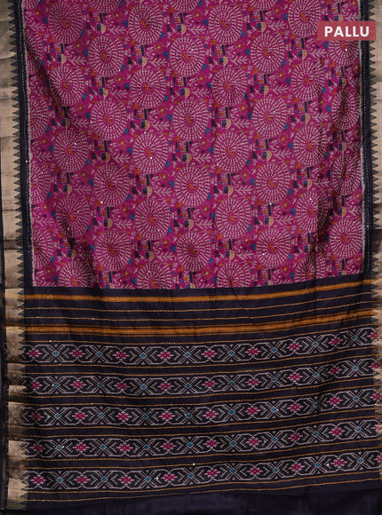 Magenta Pink & Navy Blue Semi Tussar Saree - Kantha Work