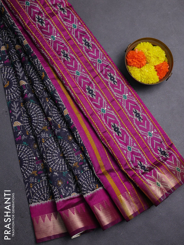 Navy Blue & Magenta Pink Semi Tussar Saree - Kantha Work