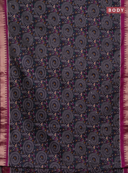 Navy Blue & Magenta Pink Semi Tussar Saree - Kantha Work