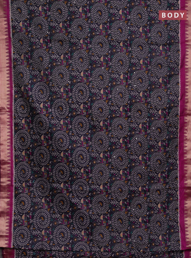 Navy Blue & Magenta Pink Semi Tussar Saree - Kantha Work