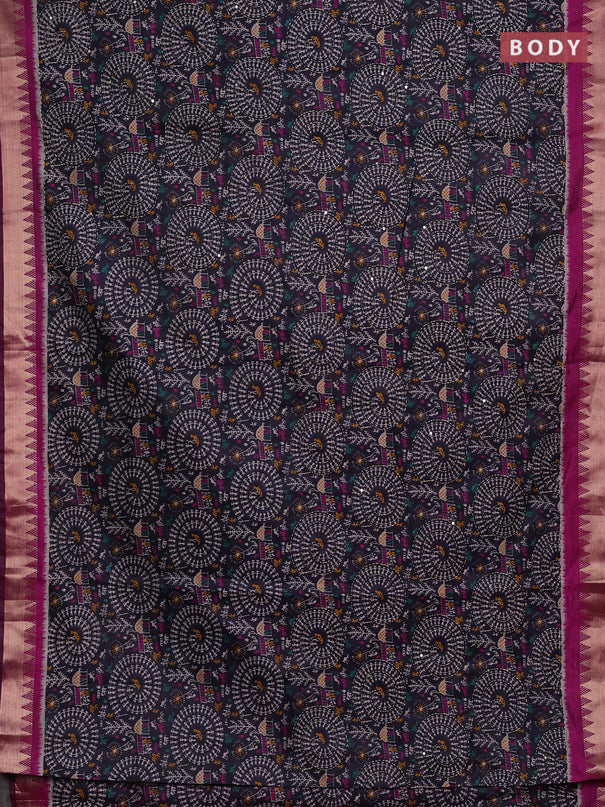 Navy Blue & Magenta Pink Semi Tussar Saree - Kantha Work