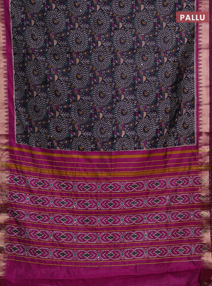 Navy Blue & Magenta Pink Semi Tussar Saree - Kantha Work