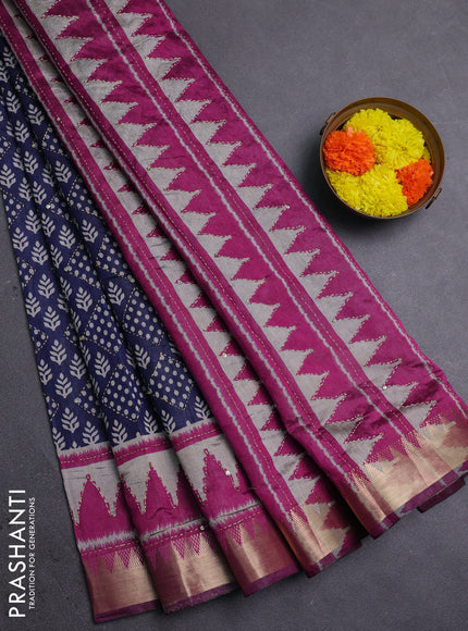 Navy Blue & Magenta Pink Semi Tussar Saree - Kantha Work