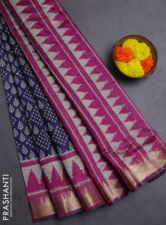 Navy Blue & Magenta Pink Semi Tussar Saree - Kantha Work