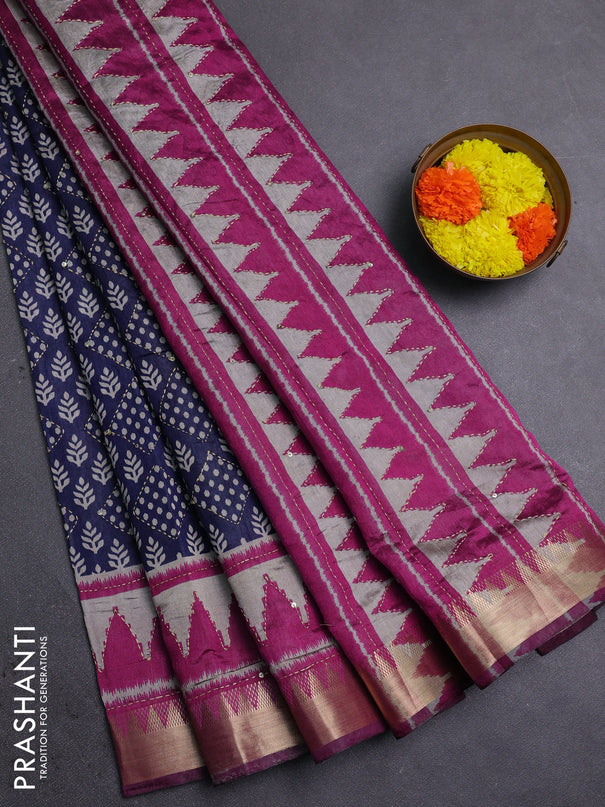 Navy Blue & Magenta Pink Semi Tussar Saree - Kantha Work
