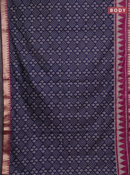 Navy Blue & Magenta Pink Semi Tussar Saree - Kantha Work