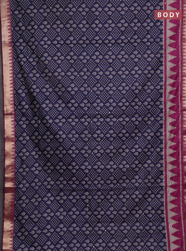 Navy Blue & Magenta Pink Semi Tussar Saree - Kantha Work
